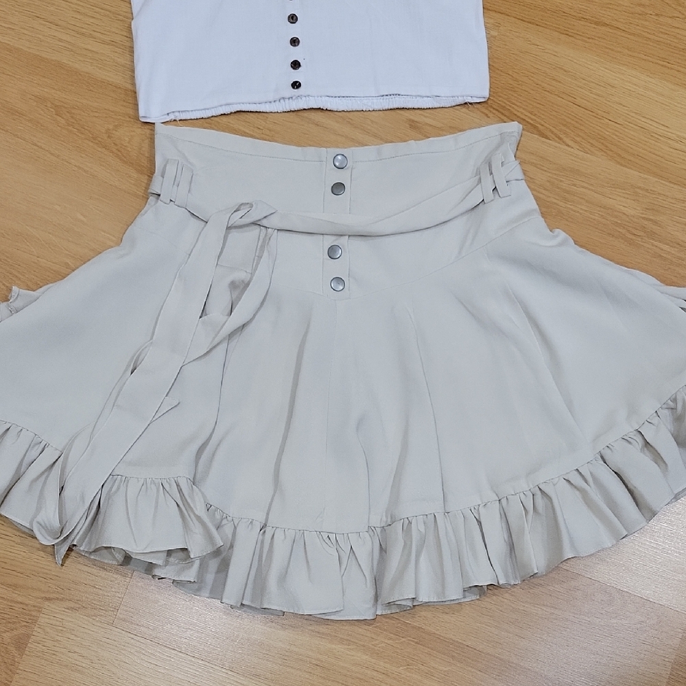 New York & Company Cream Ruffle Hem Skater Skirt with Waist Tie
